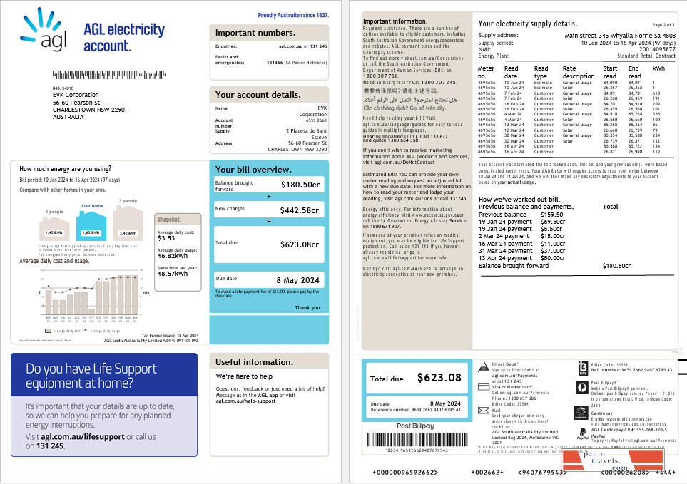 Australia AGL electricity account energy business utility bill, 3 pages, version 2 PSD template
